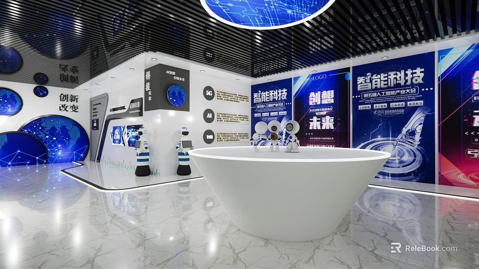 Smart Technology Innovation Exhibition Showcase Future Design With White Bathtub And Blue Screens 3d model 