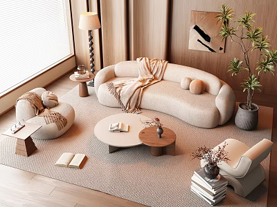 Modern Beige Curved Sofa And Round Coffee Table Set With Pillows Blanket And Potted Plant 3d model