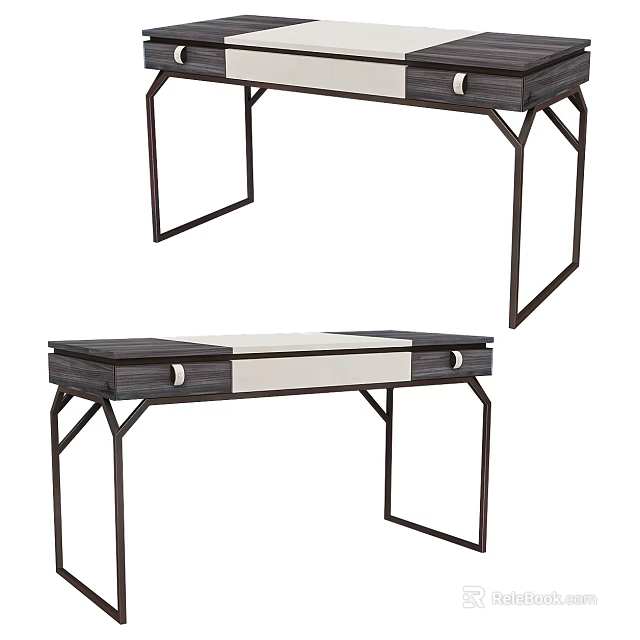 Modern Dressing Table With Metal Frame Wooden Top And Storage Drawers 3d model 