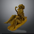 Golden Winged Female Mythical Sculpture Playing Harp Artwork