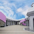Spacious Plaza With White Buildings Pink Spiral Stairs Arched Columns Blue Sky And White Clouds