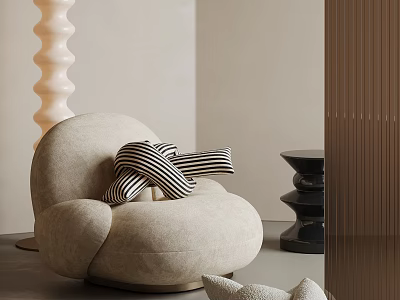 Black and White Striped Throw Pillow on Beige Sofa in Modern Minimalist Living Room 3d model