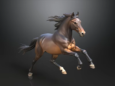 Brown Horse Running With Flowing Mane And Tail On Dark Background 3d model