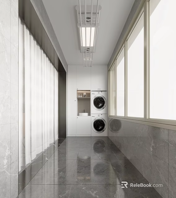 Modern Home Balcony With White Cabinets Washing Machine Dryer Gray Floor And Large Windows 3d model 