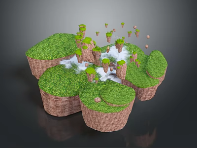 Floating Islands Covered with Green Grass and Rock Formations Amid White Clouds 3d model