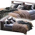 Cozy Double Bed with Brown Gray Blankets and Multiple Pillows on Upholstered Frame 3d model
