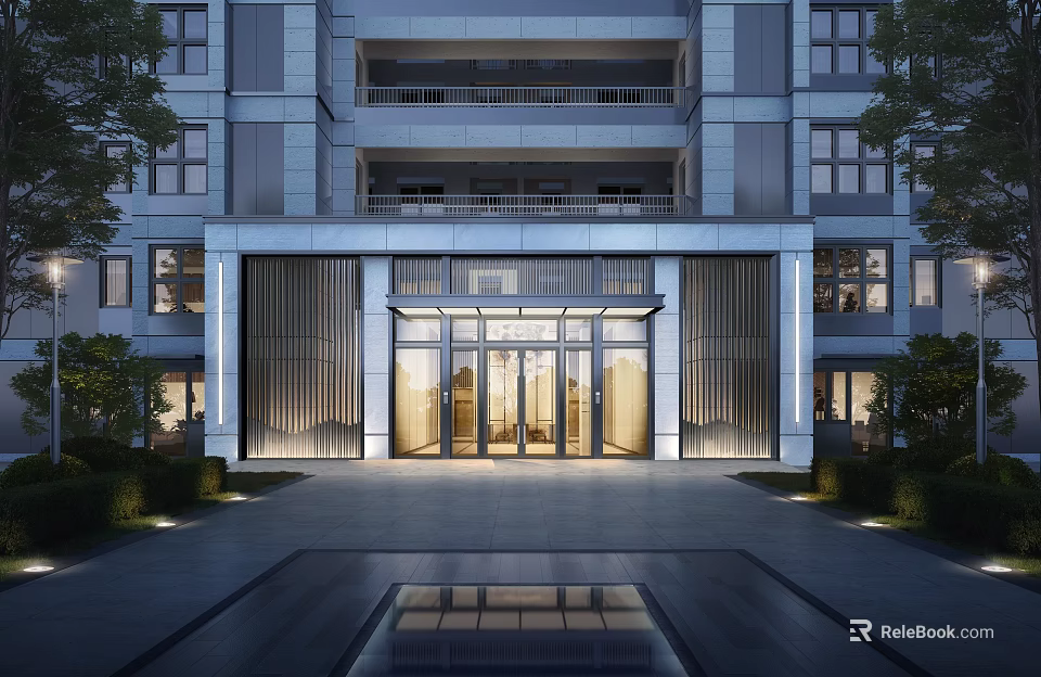 Modern Building Entrance Design With Glass Doors Warm Lighting Surrounding Greenery And Water Feature 3d model 