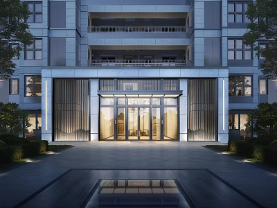 Modern Building Entrance Design With Glass Doors Warm Lighting Surrounding Greenery And Water Feature 3d model