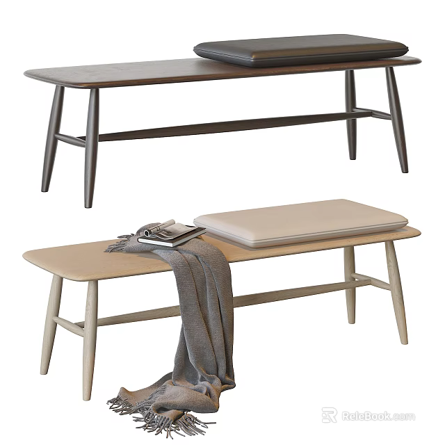 Light and Dark Wooden Benches with Cushion and Gray Blanket Design 3d model 