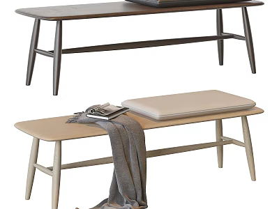 Light and Dark Wooden Benches with Cushion and Gray Blanket Design 3d model
