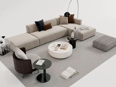 Modern L shaped Sofa and Coffee Table Set with Decorative Pillows Floor Lamp and Ottoman 3d model