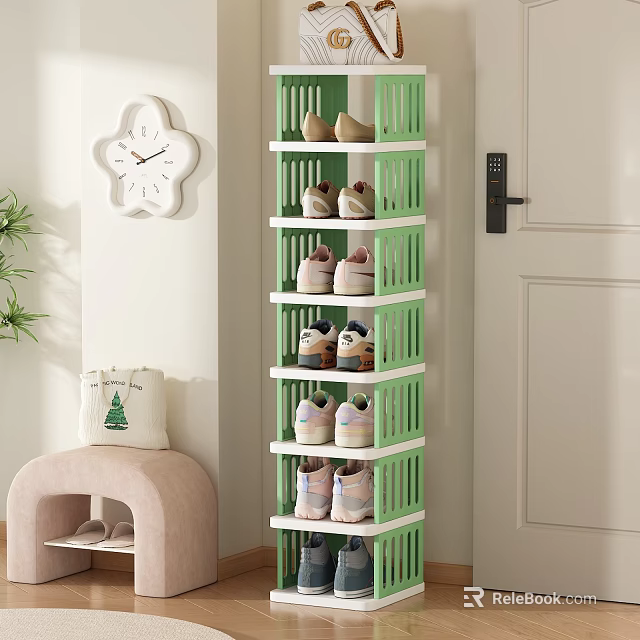 Green Multi Tiered Shoe Rack With Grid Storage Shelves For Shoes In Home Entryway 3d model 