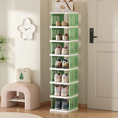 Green Multi Tiered Shoe Rack With Grid Storage Shelves For Shoes In Home Entryway 3d model