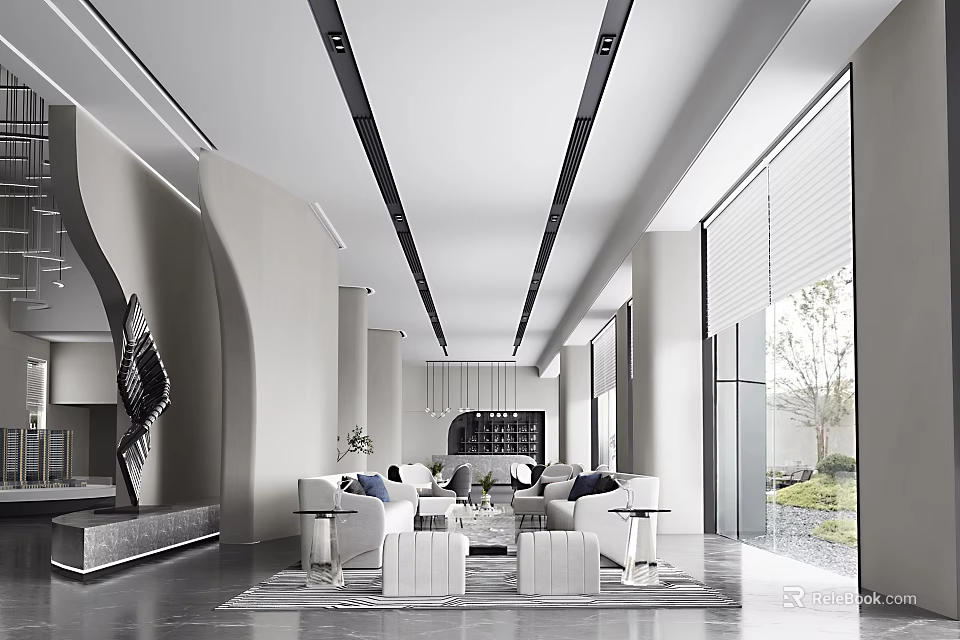 Modern Style Sales Office With White Sofas Floor to Ceiling Windows And Gray Flooring 3d model 