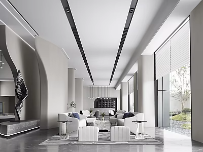 Modern Style Sales Office With White Sofas Floor to Ceiling Windows And Gray Flooring 3d model