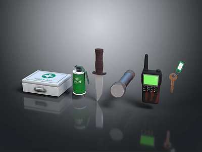 Essential Medical Devices Including First Aid Kit Disinfectant Bottle Scalpel Flashlight And Walkie Talkie 3d model
