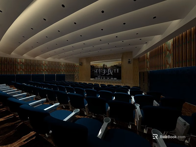 Large Conference Room With Blue Seats Curved Ceiling And Projection Screen 3d model 