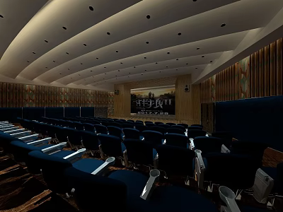 Large Conference Room With Blue Seats Curved Ceiling And Projection Screen 3d model
