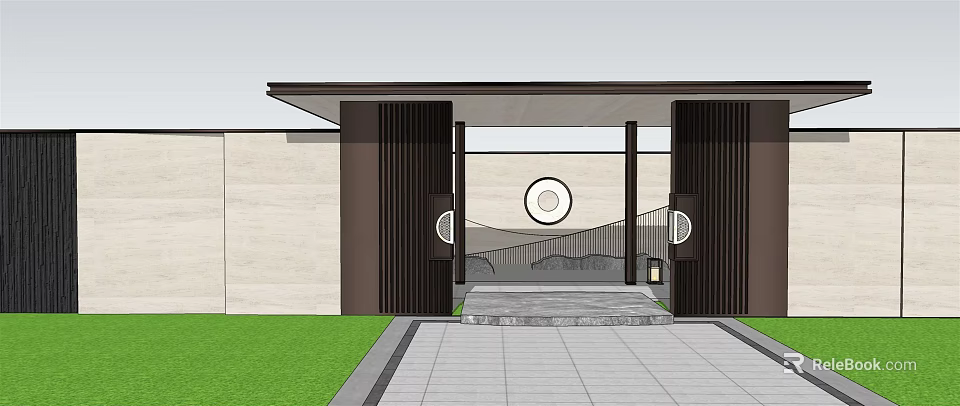 Modern Landscape Wall Design With Dark Pillars Circular Decor Stone Pathway And Lawn 3d model