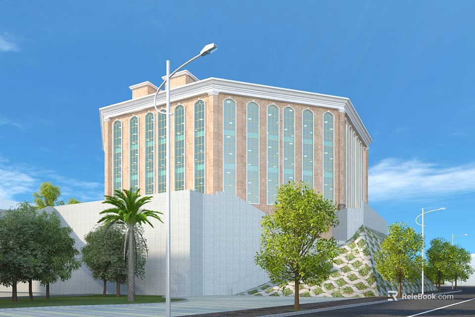 Aerial Planning Of Modern Building With Elegant Facade Landscaping Trees And Street Lamp Layout 3d model 