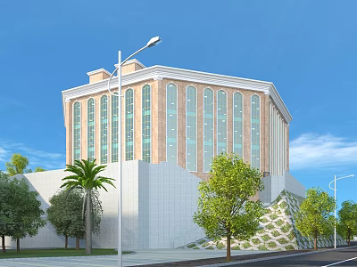 Aerial Planning Of Modern Building With Elegant Facade Landscaping Trees And Street Lamp Layout 3d model