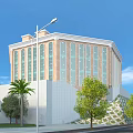 Aerial Planning Of Modern Building With Elegant Facade Landscaping Trees And Street Lamp Layout