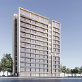 Modern High Rise Office Building With Glass Curtain Wall Large Windows And Surrounding Trees