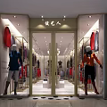 Modern Clothing Store Interior With Clothing Racks Display Table And Chandeliers