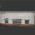Old Brick Building With White Walls Red Base Boarded Door And Reflection