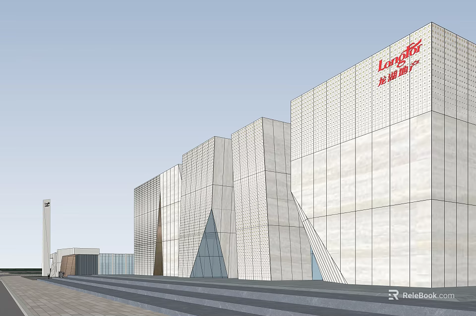 Modern Sales Office Building With Geometric Glass Facade And Red Logo Design 3d model 
