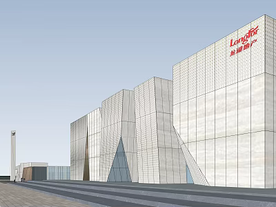 Modern Sales Office Building With Geometric Glass Facade And Red Logo Design 3d model