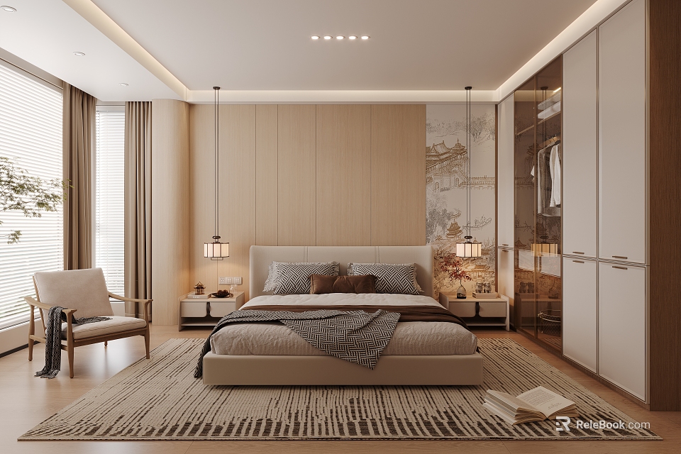 Modern Bedroom Interior Featuring Wooden Walls Beige Bed Nightstands Pendant Lights And Area Rug 3d model 