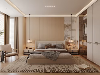 New Chinese Bedroom Double Bed Small Chandelier New Chinese Wardrobe Carpet Leisure Chair Blinds Curtain Green Plant Switch Panel 3d model