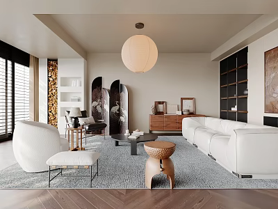 Modern Living Room Interior Design With White Sofa Round Pendant Light Rug And Decorative Mirror 3d model