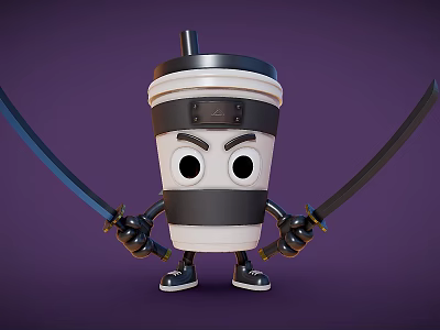 Fierce Anthropomorphic Coffee Cup Character With Black Lid Wielding Samurai Swords On Purple Background 3d model