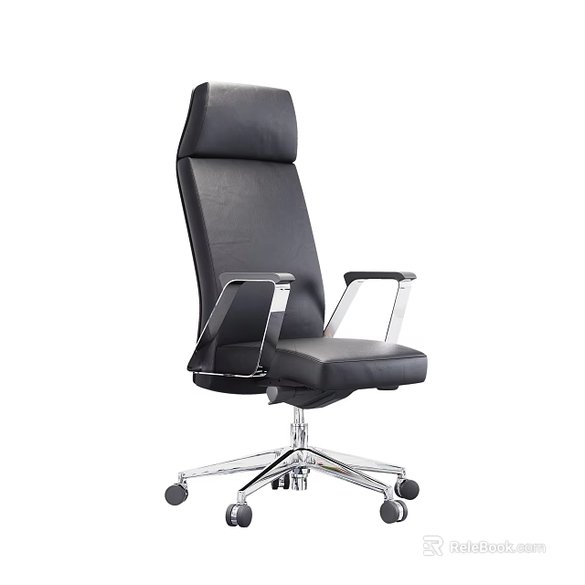 Black Leather Office Chair With High Back Silver Metal Armrests And Wheels 3d model 