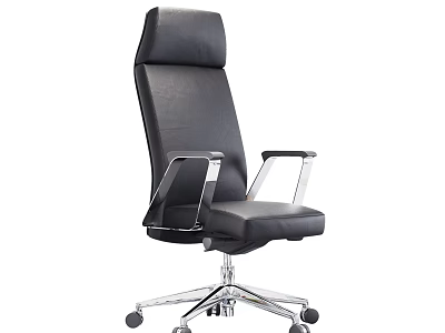 Black Leather Office Chair With High Back Silver Metal Armrests And Wheels 3d model