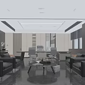 Modern Office Interior With Black Leather Sofas Coffee Table Desk And Large Windows 3d model
