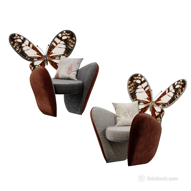 Gray Accent Chair with Brown and White Butterfly Wing Design and Comfortable Cushion 3d model 