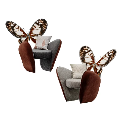 Gray Accent Chair with Brown and White Butterfly Wing Design and Comfortable Cushion 3d model