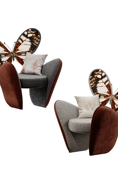 Gray Accent Chair with Brown and White Butterfly Wing Design and Comfortable Cushion 3d model