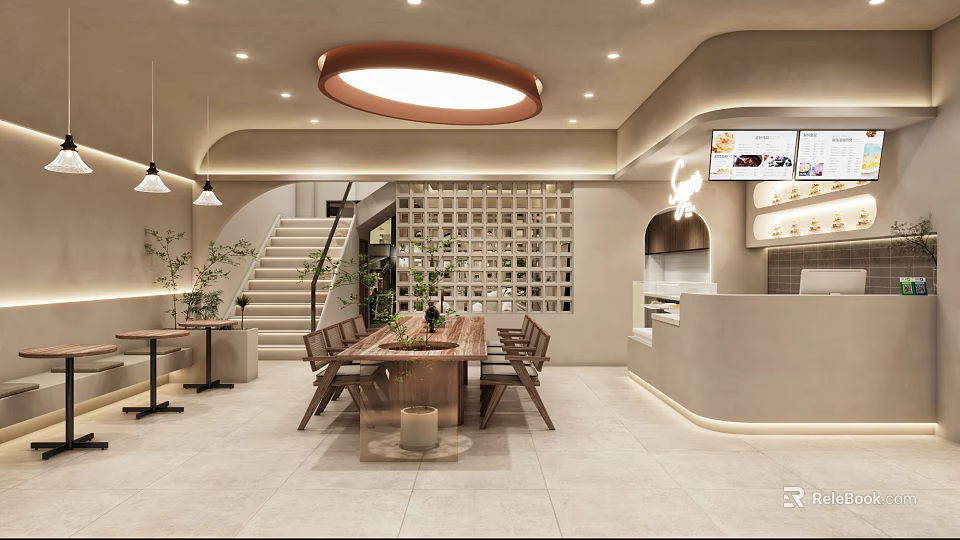 Modern Specialty Store Interior Featuring Round Pendant Light Staircase Plants And Display Wall 3d model 