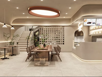 Modern Specialty Store Interior Featuring Round Pendant Light Staircase Plants And Display Wall 3d model