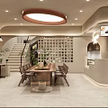 Modern Specialty Store Interior Featuring Round Pendant Light Staircase Plants And Display Wall