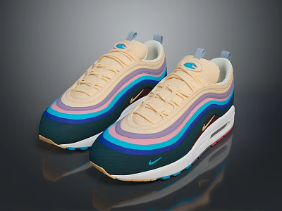 Nike Air Max 97 Sneakers Featuring Beige Blue Pink Gradient And White Sole Design 3d model