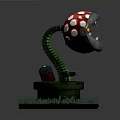 Cartoon Plant Model With Red White Spotted Mushroom Head Open Mouth Green Stem Grass Base