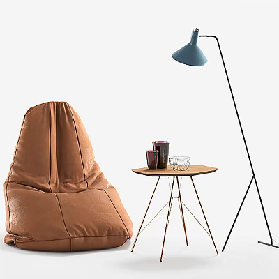 Brown Leather Bean Bag Chair With Side Table And Floor Lamp In Living Space 3d model