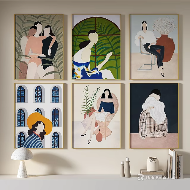 Modern Abstract Figurative Paintings with Human Figures Plants and Window Scenes 3d model