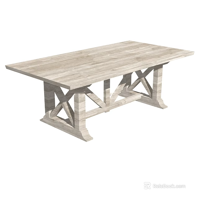 Rustic Wooden Desk With Long Tabletop And X Shaped Legs Design 3d model 