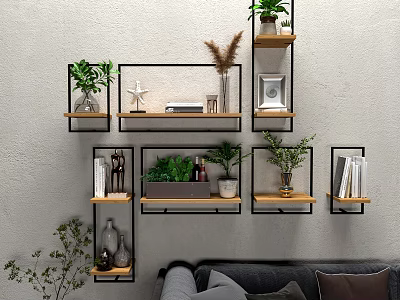 Modern Wall Mounted Storage Shelves With Wooden Metal Frames Plants Decor And Books 3d model